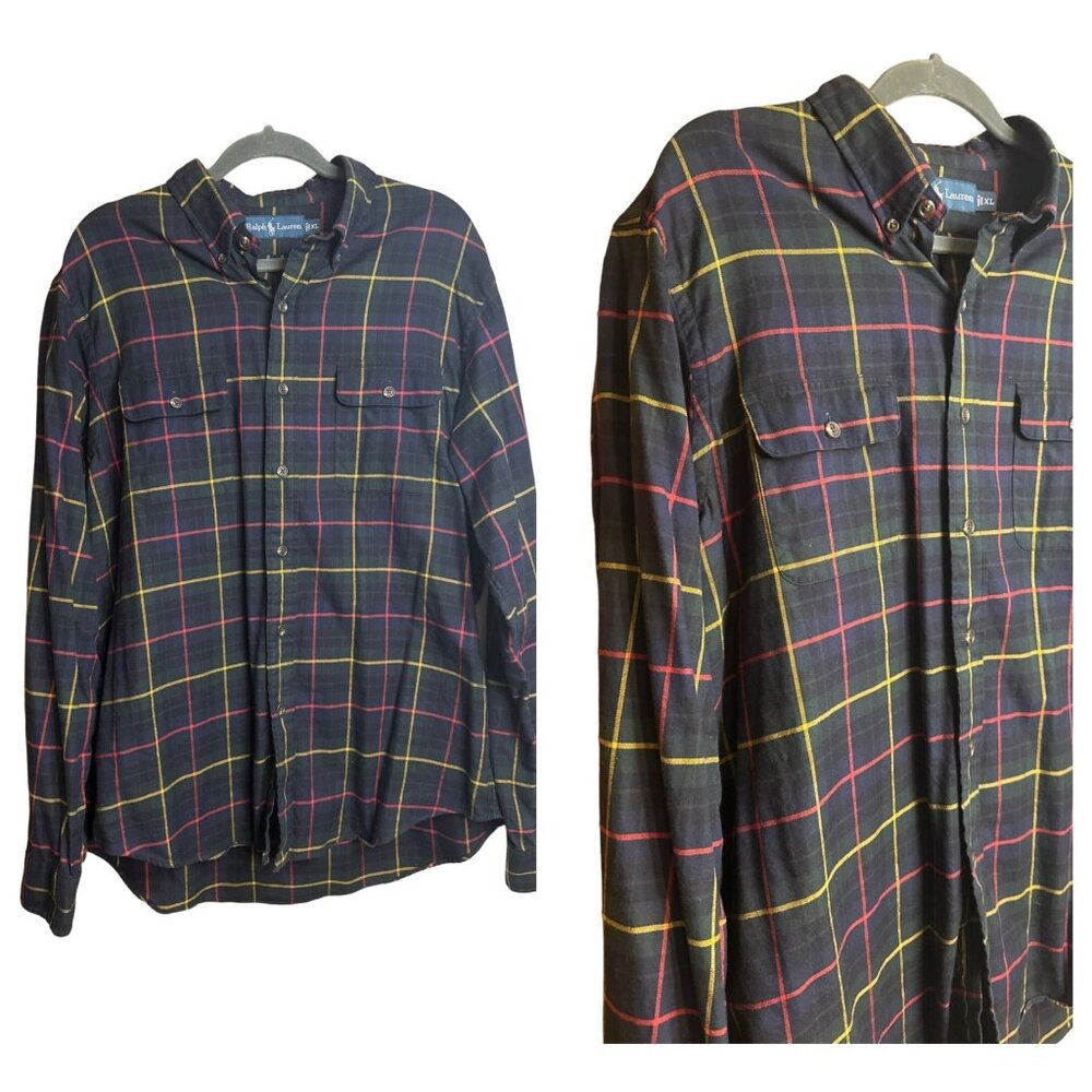 VTG 90s Ralph Lauren Plaid Button Shirt XL Mens Red Yellow Dark Green Navy Pony - Picture 2 of 5